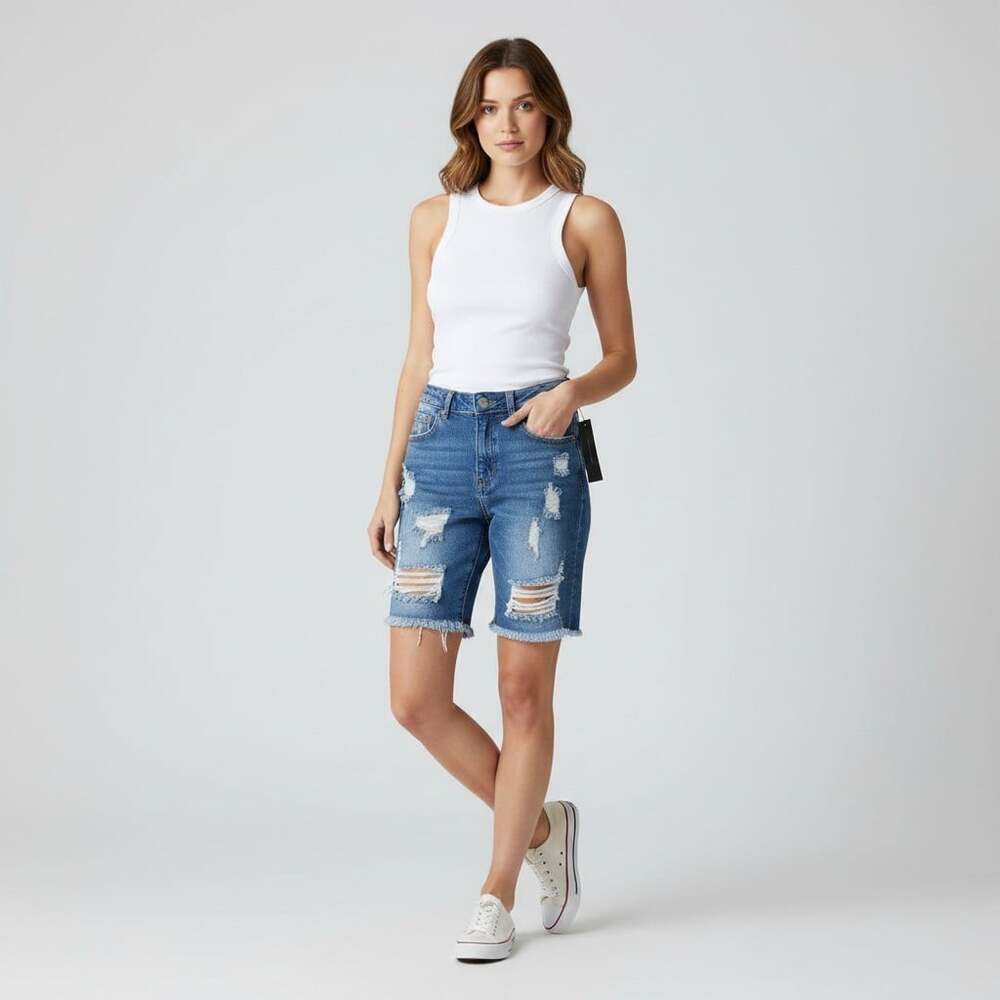 American Bazi Destroyed Denim Shorts NWT Womens S RSS-5280 Blue Ripped Frayed